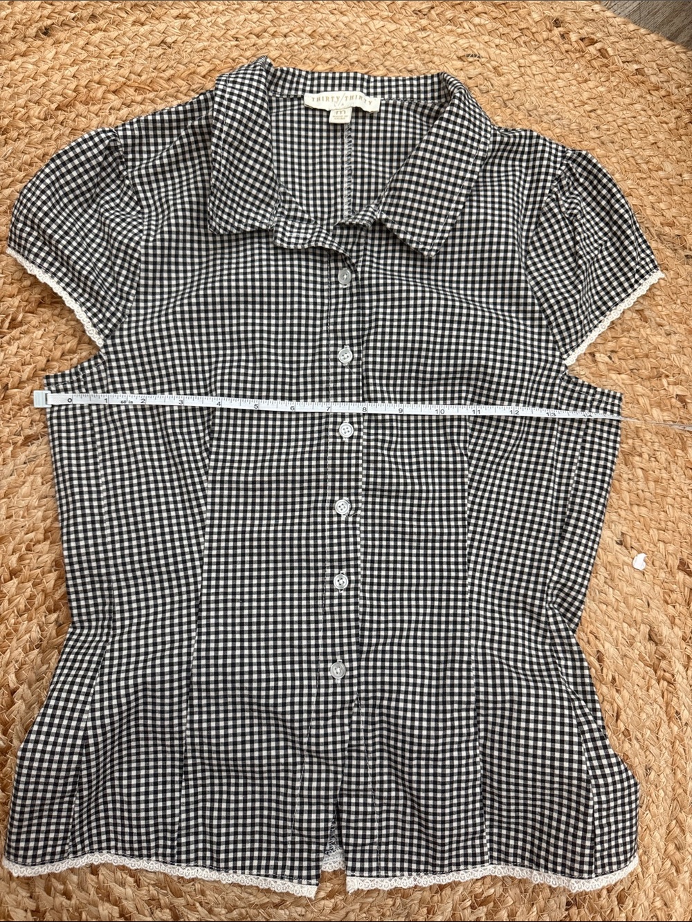 Black Gingham Button-Up Top with Lace Trim